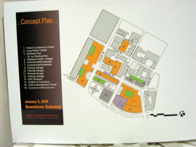 Organizers brought a chart to show the new campus's plan on the sites of the old Macy's and Malley's buildings.