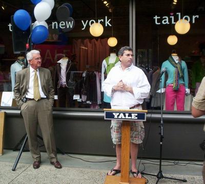 Chamber prez Rescigno welcomes SoNo boutique guy Rosenthal to downtown New Haven Friday.