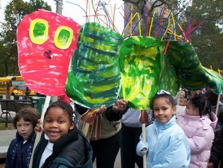 Jalysa Jackson and classmates took Eric Carle's famous insect-in-transition on a tour of downtown.