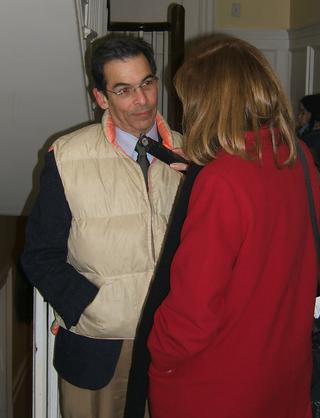 Ace Register reporter Mary O'Leary nabbed Board of Aldermen presidency candidate Carl Goldfield for a hallway interview. (Full disclosure: In his capacity as a private attorney, Alderman Goldfield did the legal work to incorporate The Online Journalism Project, which funds this web site. He now owns an Independent T-shirt.)